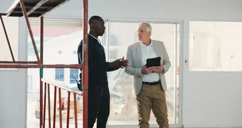 Inspection, tablet or men on building site for safety, regulation feedback or Stock Footage 341461981