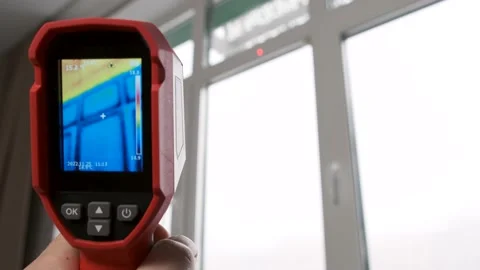 Inspection of a window block inside the room with a thermal imager, searching Stock Footage 236127264