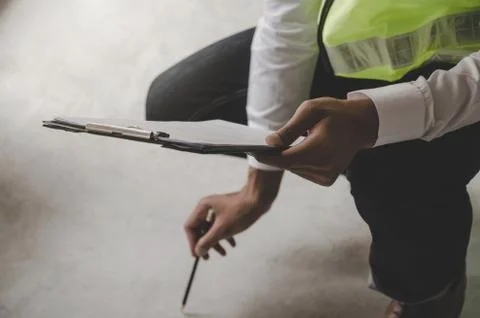 Inspector checking and inspecting concrete floor at construction site building Stock Photos