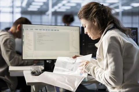 Inspector checking documents in server hub Stock Photos