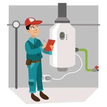 Inspector with checklist examines heating system poster Stock Illustration
