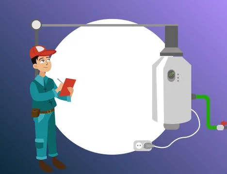 Inspector with checklist examines heating system poster Stock Illustration