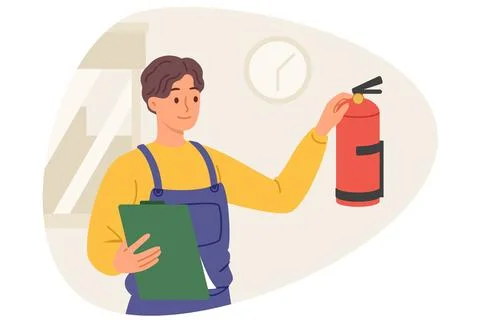 Inspector checks fire extinguisher on wall, taking care of functionality of anti Stock Illustration