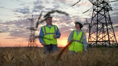 Inspector checkups project on tablet with engineer by power transmission lines Stock Footage 275129521