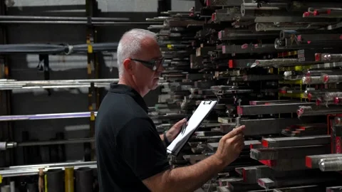 Inspector doing inventory of metal bars in a factory Stock Footage 293320491