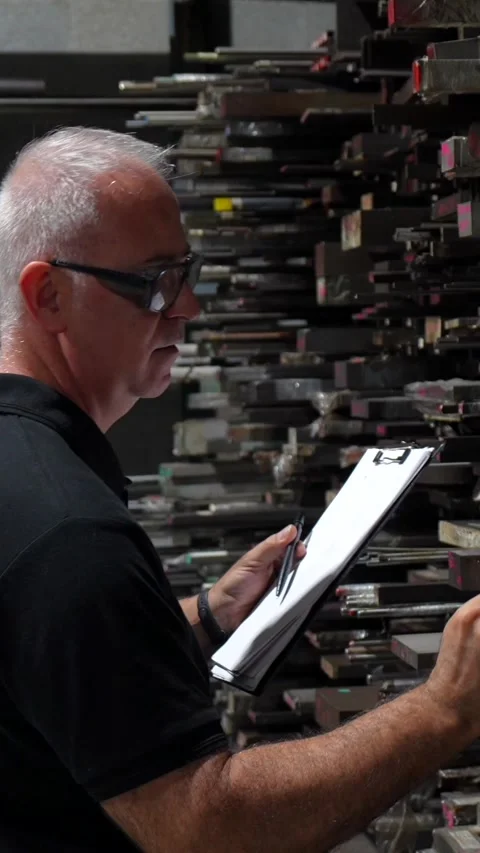 Inspector doing inventory of metal bars in a factory Stock Footage 293320805