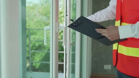 Inspector engineer is inspection device of the door after installation. Con.. Vídeos de archivo 236388950