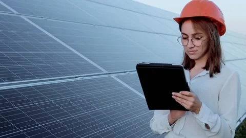 Inspector Engineer Woman Holding Digital Tablet Working in Solar Panels Power  Stock Footage 141449261