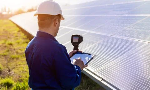 Inspector examination of photovoltaic modules using a thermal imaging camera Stock Photos