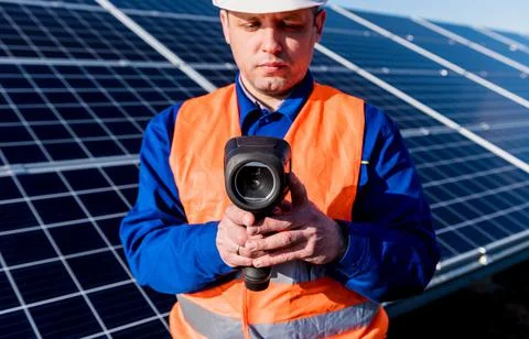 Inspector examination of photovoltaic modules using a thermal imaging camera Stock Photos