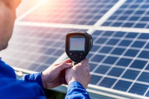 Inspector examination of photovoltaic modules using a thermal imaging camera Stock Photos