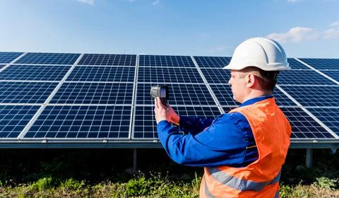 Inspector examination of photovoltaic modules using a thermal imaging camera Stock Photos