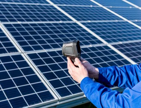 Inspector examination of photovoltaic modules using a thermal imaging camera Stock Photos