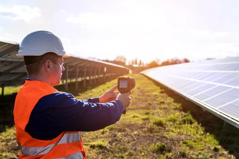 Inspector examination of photovoltaic modules using a thermal imaging camera Stock Photos