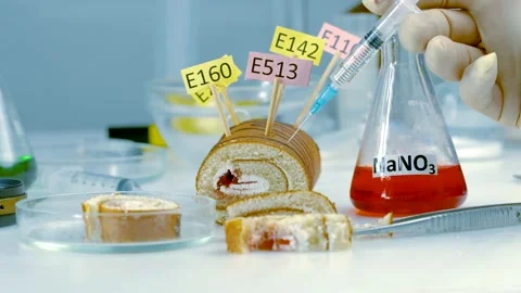 An inspector injects a sweet roll with a syringe from a store in a laboratory. Video stock 168219018