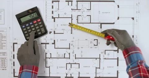 Inspector measures distances to count square on floor plan Stock Footage 277563566