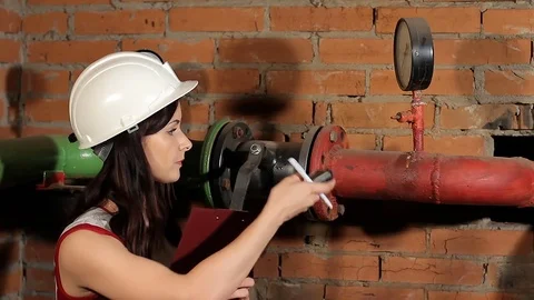 Inspector measures the temperature of the heating pipe with a laser pyrometer Stock Footage 77125402