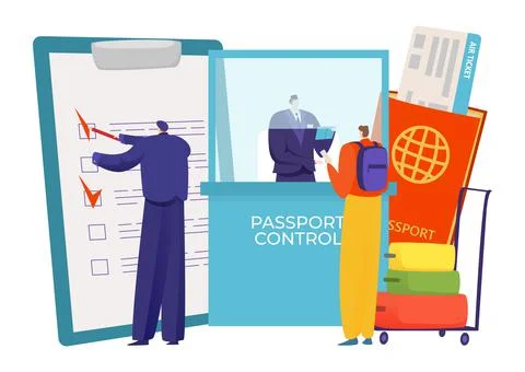 Inspector officer checking passport control, tiny character passing customs Stock Illustration