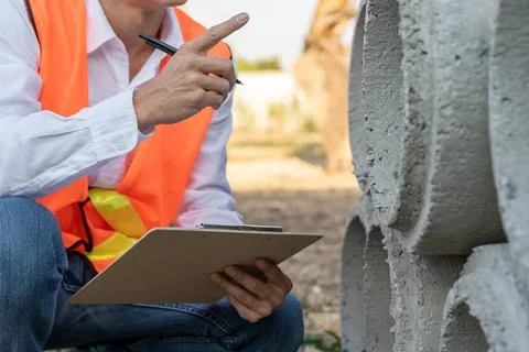 Inspector or engineer is inspecting construction house using a checklist. E.. Foto stock
