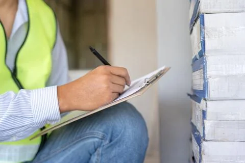 Inspector or engineer is inspecting construction house using a checklist. E.. Fotos Stock