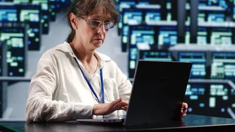 Inspector with tablet fixing servers Stock Photos