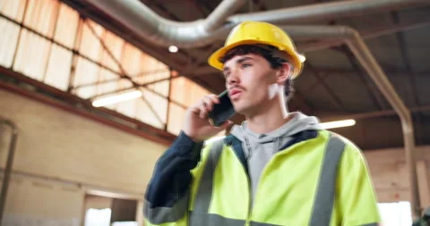 Inspector, talking and man in building, phone call or communication with contact Stock Footage 338111653