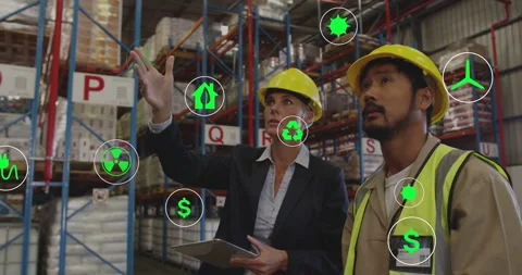 Inspector tapping tablet and pointing, guiding tech during warehouse audit as Stock Footage 333833712