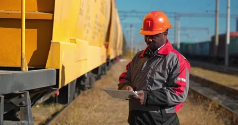 Inspector of wagons at freight train station makes notes in tablet computer Video stock 186614261