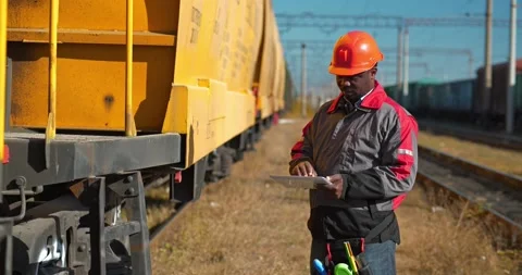 Inspector of wagons at freight train station makes notes in tablet computer Video stock 196434553