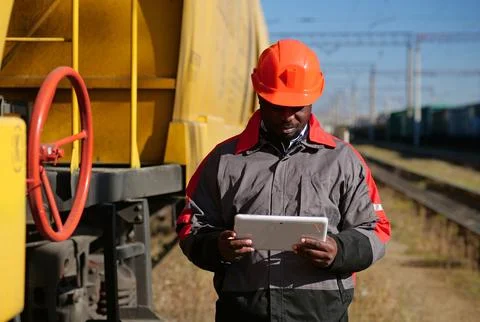 Inspector of wagons at freight train station makes notes in tablet computer 写真素材