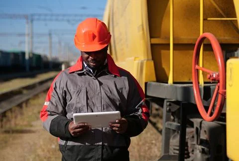 Inspector of wagons at freight train station looks in tablet computer 写真素材