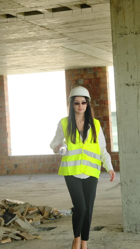 Inspector walks with roll in hands through unfinished building Stock Footage 317625467
