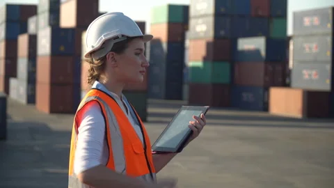 Inspector woman using tablet computer checking list inventory and control l.. Stock Footage 248363409