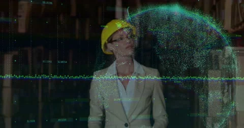 Inspector with yellow hat reaching racks causing AR globe and data arising Stock Footage 333967787
