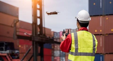 Inspectors use drones to check the security inside the container yard Stock Photos