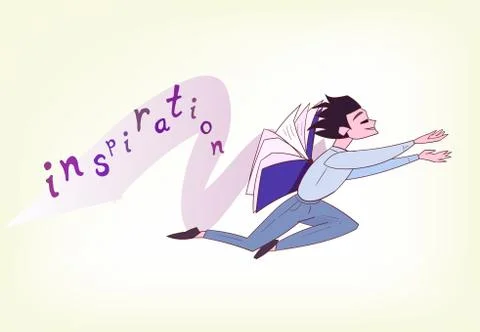 Inspiration concept vector illustration guy with wings book writer poet liter Stock Illustration