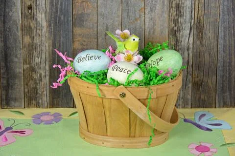 Inspirational Easter eggs in basket Stock Photos