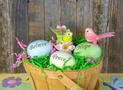 Inspirational Easter eggs in basket Stock Photos