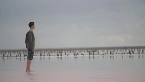 Inspired guy standing on a sea beach and looking far away in windy weather Stock-Footage 142293373