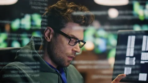 Inspired software developer working computer in room data reflection closeup Stock Footage 260244981