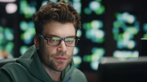 Inspired software developer working computer technical room closeup. Happy man Stock Footage 260260926