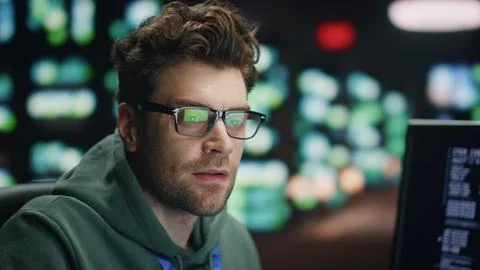 Inspired software developer working computer technical room closeup. Happy man 스톡 사진