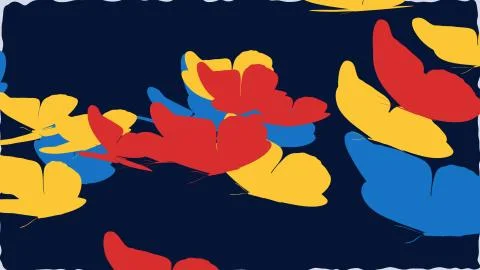 Inspiring 3D rendering of the big yellow, blue, and pink butterflies with clu Stock Illustration