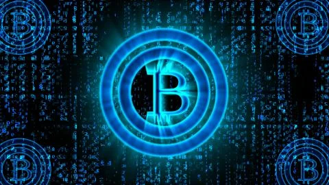 Inspiring 3d rendering of a blue bitcoin sign with two rings around placed in Stock Illustration