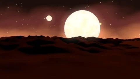 Inspiring 3d rendering of Mars with wavy sandy dunes and two moons illuminati Illustrazione stock