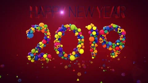 An inspiring 3d rendering of New Year balls and other coloreful figures keepi Illustrazione stock
