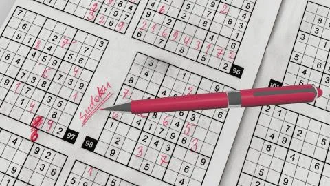 An inspiring 3d rendering of Sudoku mathematical grids with printed numbers,  Stock Illustration