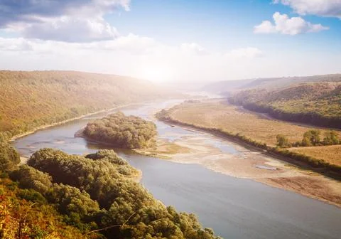 Inspiring image of the sinuous river flowing through Dnister canyon. Stock Photos