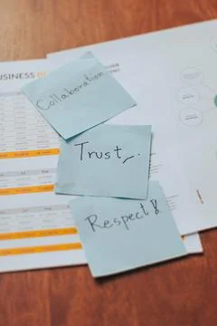 Inspiring sticky notes promoting collaboration trust and respect for effect.. Stock Photos