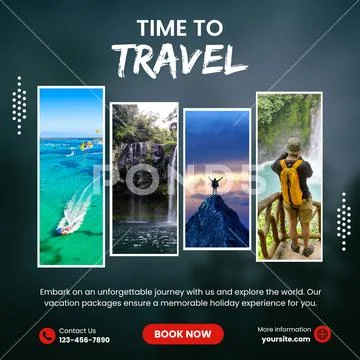 Inspiring travel destinations collage with time to travel text PSD Template